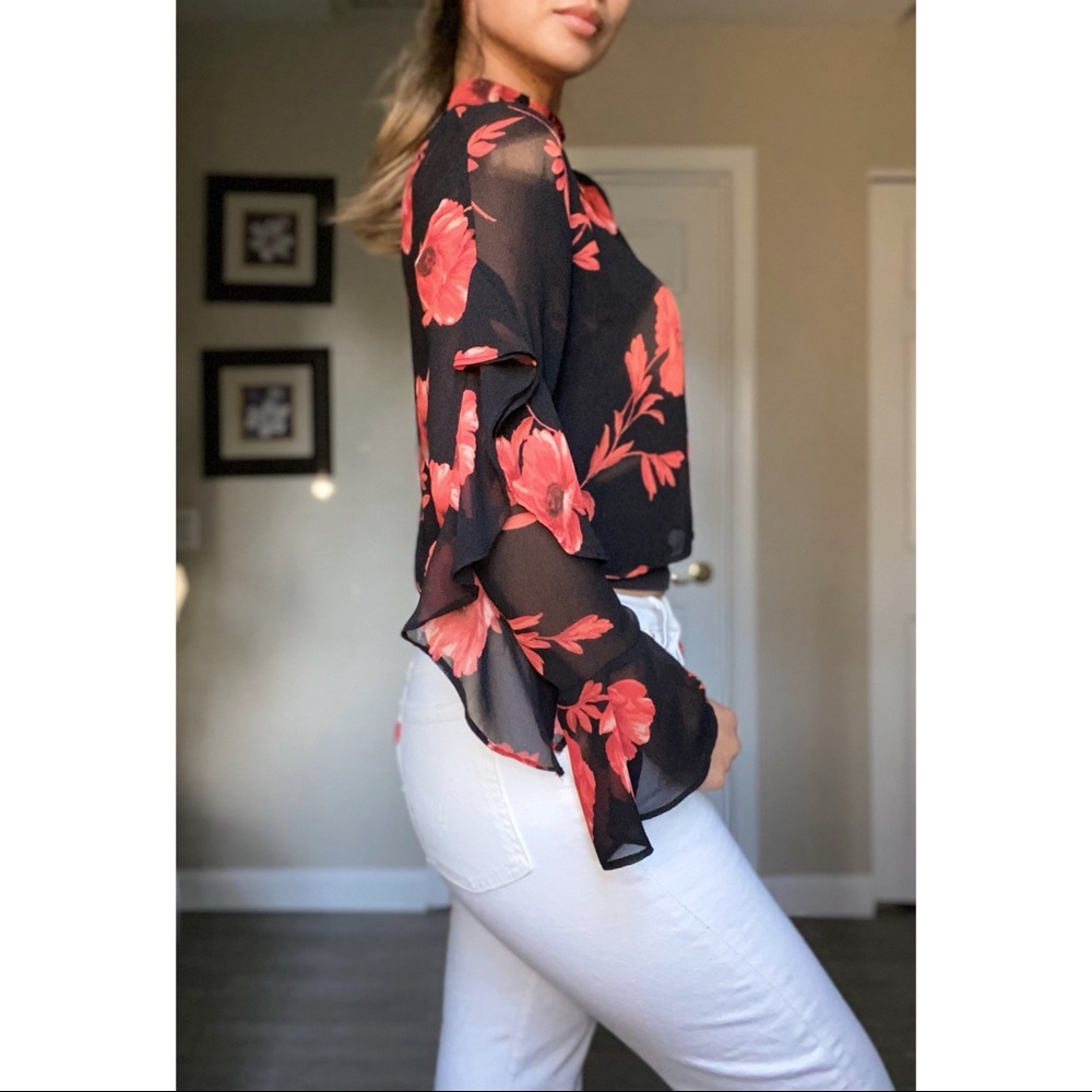 Sheer Black Top with Red Flowers